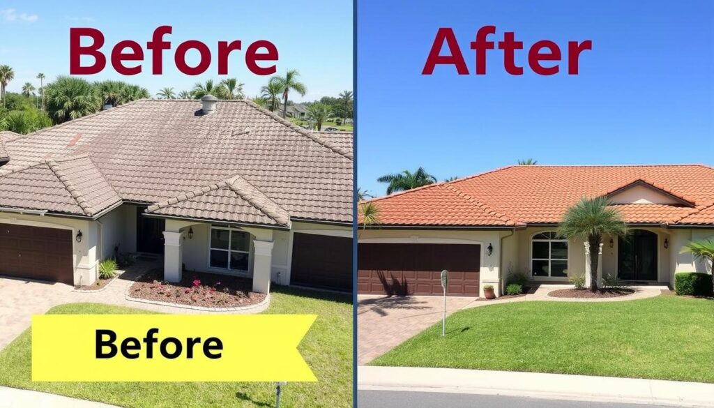 Before and after transformation of a roof replacement project in St. Petersburg by WSV Group
