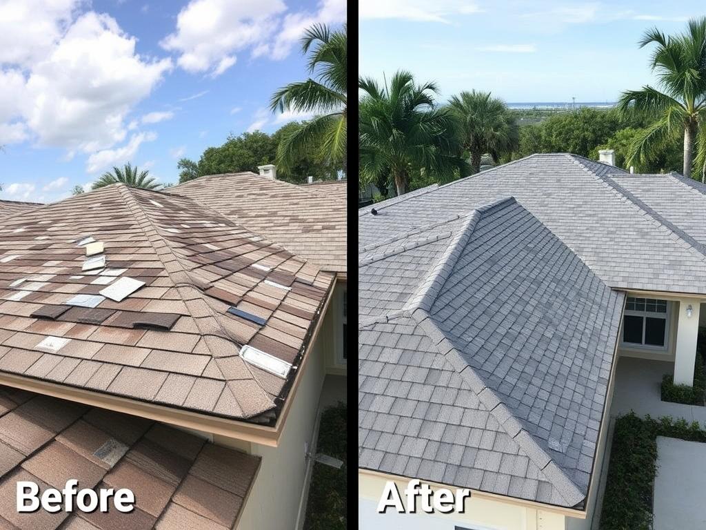 Roof replacement service in St. Petersburg showing before and after transformation