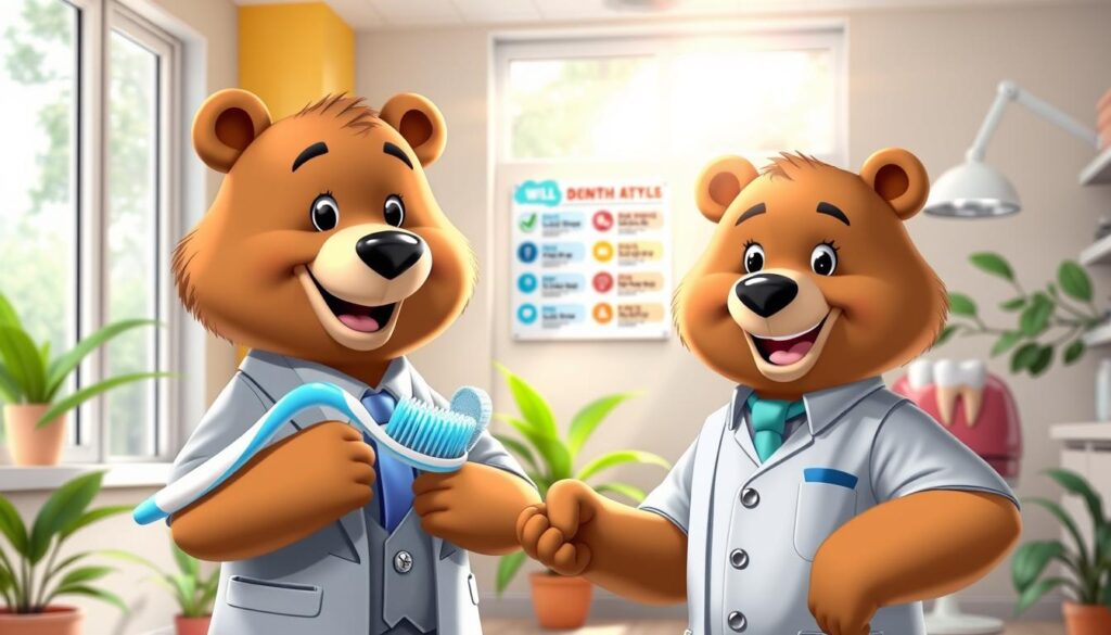 A bright and engaging dental care scene featuring Will Insure, a friendly cartoon bear dressed in a smart, professional outfit, standing confidently in a modern dental office. In the foreground, Will is holding a large, gleaming toothbrush and smiling while demonstrating proper brushing technique. In the middle, a colorful chart displaying dental hygiene tips hangs on the wall, alongside a cheerful dental hygienist showing a patient a dental model. The background features a warm and inviting dental clinic with bright lighting, large windows, and verdant plants, creating a calm atmosphere. Soft sunlight streams in, enhancing the welcoming mood, emphasizing the importance of regular dental care, and showcasing a bright future for healthy smiles.