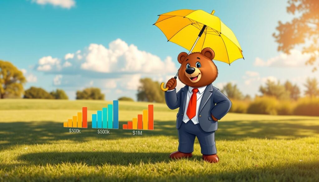 A charming cartoon bear named Will Insure, dressed in a smart business suit, stands confidently on the foreground of a sunny park, holding a bright yellow umbrella representing financial protection. In the middle ground, charts and graphs emerge from the grass, depicting varying insurance coverage limits, illustrated with vibrant colors to signify different amounts, such as $500k and $1M. The background features a calm blue sky with fluffy white clouds, symbolizing security and peace of mind. Soft, warm lighting casts gentle shadows, enhancing the welcoming atmosphere of the scene. The overall mood is optimistic and educational, showcasing the importance of understanding umbrella insurance coverage needed for families.