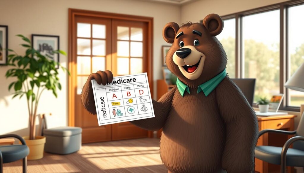 A cheerful bear named Will Insure stands in a welcoming office environment as he explains Medicare, depicted with a friendly demeanor. In the foreground, Will holds a chart labeled “Medicare Parts A, B, C, D” with simple illustrations representing each part. The middle ground features a cozy desk with Medicare brochures and a plant, contributing to a warm, informative atmosphere. In the background, a large window reveals a sunny day, enhancing the pleasant mood. The lighting is bright and inviting, with soft shadows cast on the desk. Capture this scene with a slight tilt-up angle to emphasize Will's friendly expression and create a sense of engagement in the educational context.