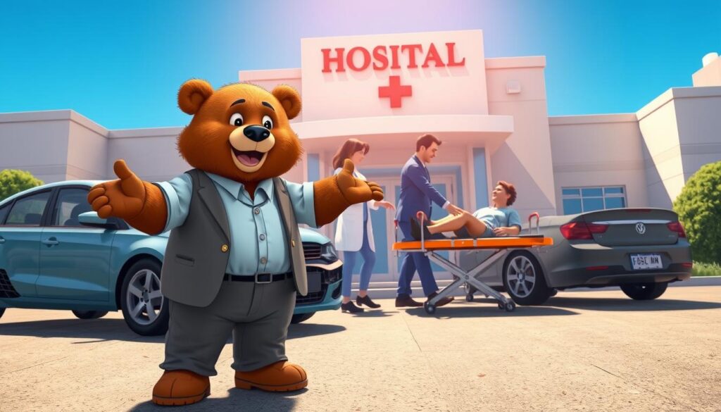 A compassionate scene illustrating the fifth step of seeking medical attention after a car accident. In the foreground, a friendly bear named Will Insure, wearing a smart casual outfit, gestures towards a hospital building. He stands beside a car that has just experienced an accident, showcasing visible damage but with an overall reassuring demeanor. In the middle ground, two medical professionals, a woman and a man, dressed in scrubs, are helping an injured victim who is seated on a stretcher, emphasizing the importance of timely medical care. The background features a clear blue sky and a welcoming hospital entrance, creating a sense of hope and urgency. The lighting is bright and inviting, casting soft shadows to enhance the scene's warmth and approachability.