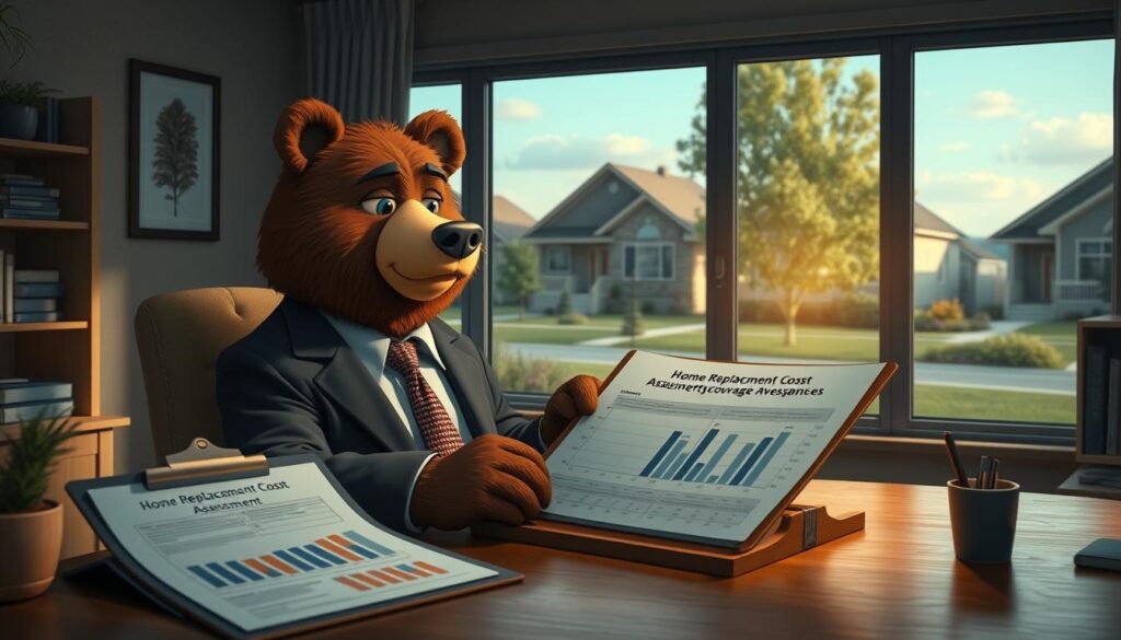A cozy home office scene featuring a friendly bear named Will Insure, dressed in professional business attire, carefully reviewing home replacement cost assessment documents at a wooden desk. In the foreground, a clipboard with graphs and data is visible, highlighting key figures related to homeowner insurance. In the middle, soft lighting illuminates Will’s thoughtful expression as he examines property coverage needs. Behind him, a large window reveals a tranquil suburban neighborhood with well-kept houses, creating a sense of security and community. The atmosphere is calm and focused, evoking a sense of responsibility and care in assessing coverage. The image captures the essence of planning and preparation for new homeowners.