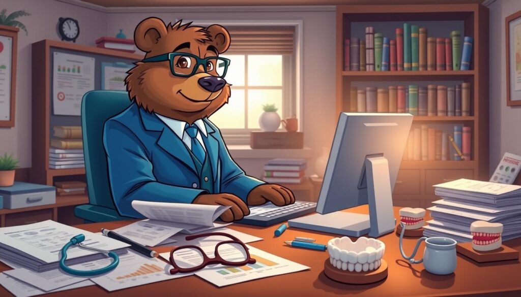 A cozy, well-lit office space featuring a friendly, cartoonish bear named Will Insure, who is dressed in a smart blue blazer and glasses, sitting at a desk covered with health-related documents and charts. In the foreground, various health assessment tools like a stethoscope, eyeglasses, and dental models are neatly arranged. In the middle, Will is engaging with a computer, analyzing data, and displaying a thoughtful expression, representing the process of assessing health needs. The background showcases a shelf filled with books on health and insurance, with a window allowing soft, natural light to illuminate the scene. The overall mood is inviting and professional, encouraging readers to consider their health needs seriously.