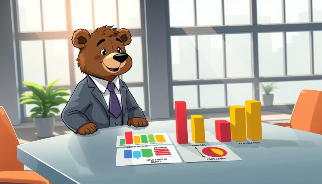A detailed illustration depicting a comparison of annuity fees, with an emphasis on clarity and professionalism. In the foreground, a friendly character named Will Insure, a kind bear wearing a tailored business suit, stands at a sleek table covered in colorful charts and graphs illustrating various annuity fees. In the middle ground, visually distinct bars or pie charts highlight differences in fees, with contrasting colors for easy comparison. The background features a modern office setting with large windows allowing natural light to stream in, creating a bright and inviting atmosphere. The scene captures a mood of confidence and reassurance, making financial concepts approachable and friendly. The angle should be slightly elevated to capture both Will Insure and the comparative graphics effectively.