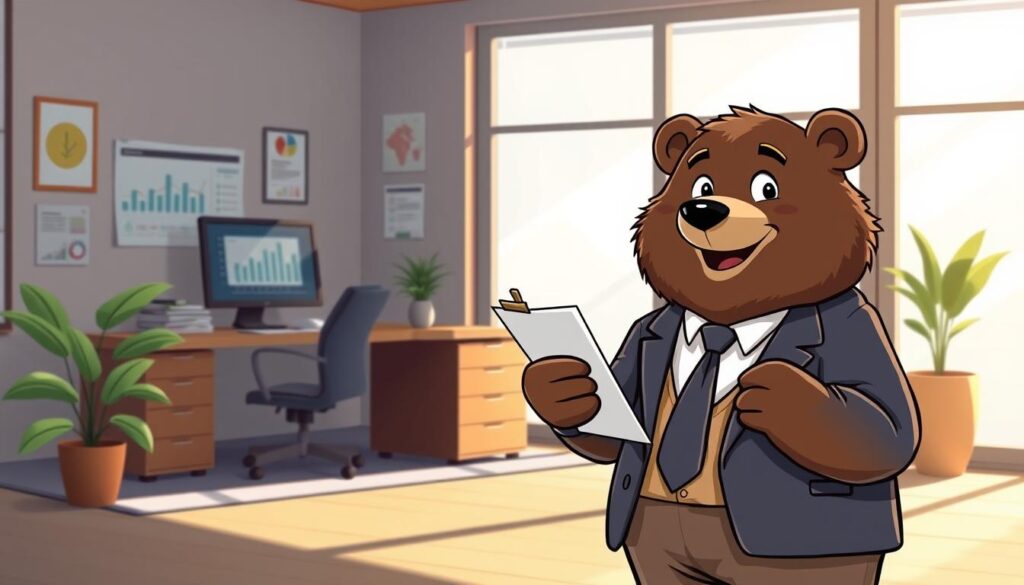 A detailed illustration of the life insurance underwriting process, focusing on health history. In the foreground, a friendly, anthropomorphic bear named Will Insure is depicted wearing professional business attire, holding a clipboard and smiling reassuringly. The middle ground features a modern office setting with a wooden desk cluttered with medical documents, a computer displaying health assessment graphs, and a potted plant, suggesting a calm atmosphere. In the background, large windows allow natural light to stream in, casting soft shadows and creating a welcoming ambiance. The color palette is warm and inviting, emphasizing trust and professionalism. The overall mood is informative and supportive, ideal for illustrating the importance of sharing health history during the underwriting process without any text or overlays.