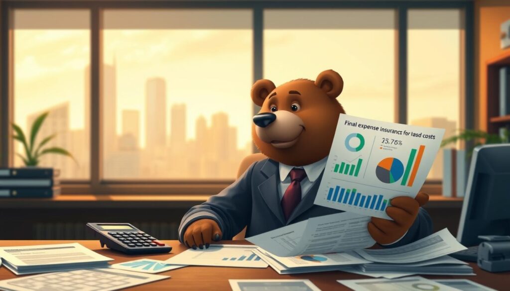A friendly, anthropomorphic bear named Will Insure, wearing a professional business suit, is sitting at a desk cluttered with paperwork and a calculator. He looks thoughtfully at a pie chart and graphs depicting different aspects of final expense insurance costs. In the background, a financial-themed office environment is visible, with a large window showing a city skyline bathed in warm, soft afternoon light. The mood is calm and professional, reflecting the serious nature of insurance planning. The scene is composed with a close-up focus on Will Insure to emphasize his thoughtful expression, while the background remains slightly blurred to keep attention on him and the information. The overall color palette includes warm tones to evoke a sense of trust and reliability.