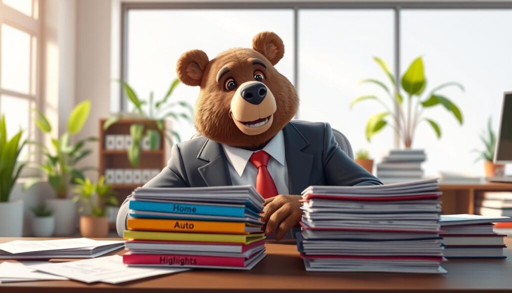 A professional-looking bear named Will Insure, dressed in a business suit, is sitting at a desk filled with various insurance policy documents. In the foreground, he is carefully organizing a stack of colorful folders labeled with different types of insurance: home, auto, and life. The background shows a well-lit office with potted plants and a large window, allowing natural light to flood the space, enhancing the atmosphere of professionalism and confidence. The camera angle is slightly above eye level, providing a clear view of Will’s focused expression as he reviews policy highlights. The overall mood is positive and inviting, reflecting the helpful nature of bundling insurance for new homeowners.
