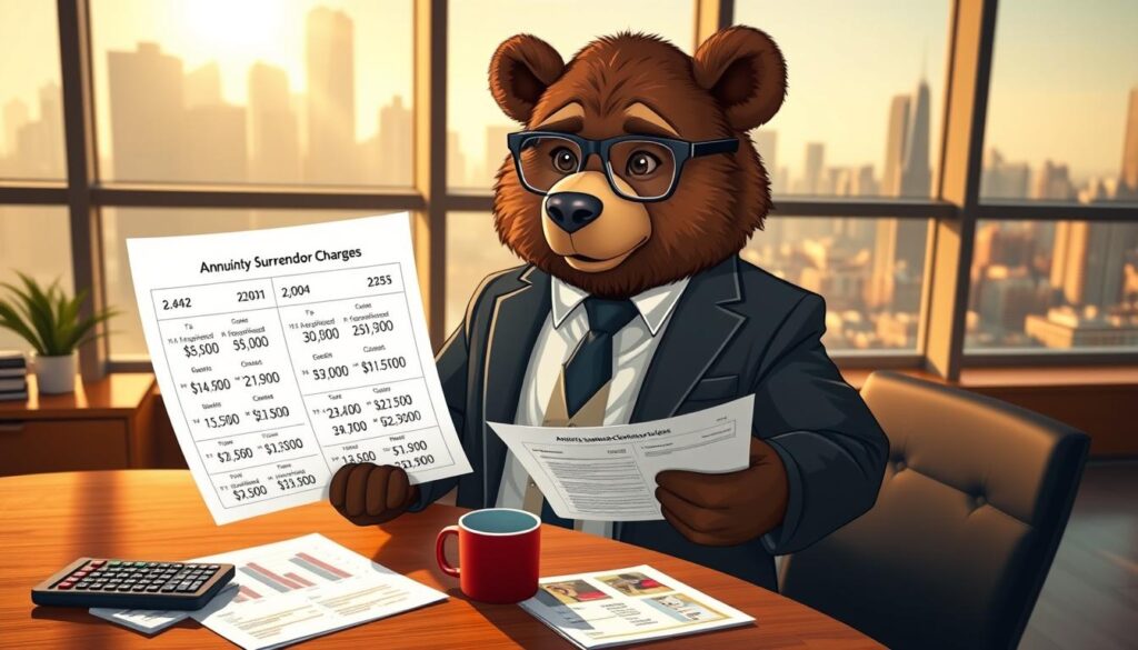 A professional-looking bear named Will Insure is standing confidently in a modern office environment, dressed in a smart blazer and glasses, exuding an air of trustworthiness. In the foreground, he is examining a document filled with numbers and charts that represent annuity surrender charges. The middle layer features a sleek wooden desk with a calculator, a coffee mug, and financial brochures spread out, while a large window in the background shows a city skyline bathed in warm afternoon sunlight. The atmosphere is calm and focused, emphasizing a sense of financial negotiation and understanding. The lighting is soft and inviting, casting gentle shadows across the scene, enhancing the professional setting. Overall, the image conveys a message of diligence and insight in managing financial decisions.