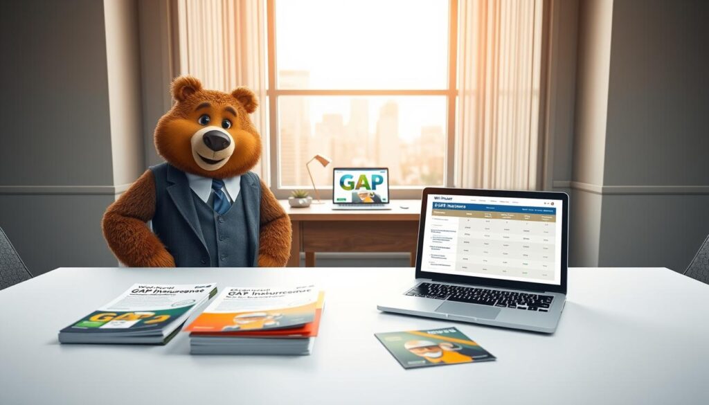 A professional, polished office setting with soft, natural lighting. In the foreground, a character named Will Insure, a kind-looking bear dressed in a neat business suit, stands beside a table displaying various GAP insurance purchase options. The table is filled with colorful brochures and documents showcasing different plans. In the middle ground, a modern desk with a laptop open, showing a comparison chart of GAP insurance features. Behind the desk, a large window reveals a cityscape, fostering a sense of professionalism and opportunity. The mood is informative and inviting, encouraging viewers to explore insurance options. The lens captures the scene from a slightly elevated angle, creating a sense of depth and engagement.