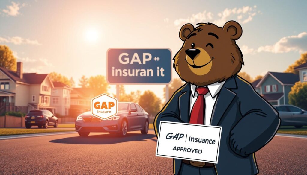 A visual representation illustrating the concept of "GAP insurance worth it" featuring a friendly, approachable bear character named Will Insure, dressed in a smart business suit, standing confidently in the foreground. In the middle ground, a highlighted car with a "GAP Insurance Approved" sign reflects value and security. The background showcases a diverse neighborhood with various homes and vehicles suggesting different insurance needs, under a clear blue sky bathed in warm sunlight, creating an optimistic atmosphere. The scene is captured from a slightly low angle to emphasize Will Insure's presence and approachability, while soft shadows add depth, making the image inviting yet professional. The overall mood conveys trust and assurance about the benefits and worthiness of GAP insurance.