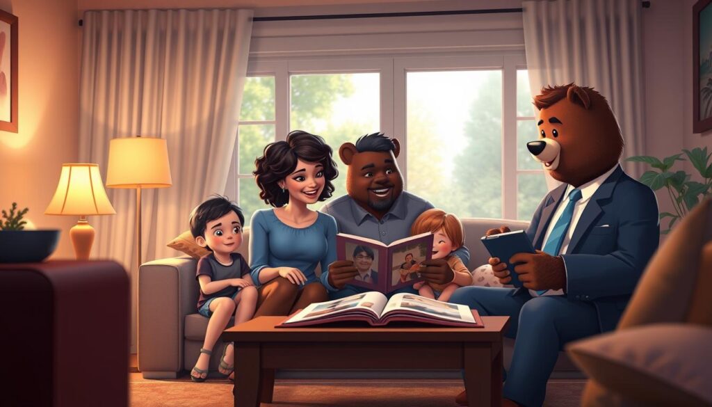 A warm and inviting scene set in a cozy family living room, where a kind, bear character named Will Insure, dressed in professional business attire, engages with a diverse family of four. In the foreground, the family—comprised of a mother, father, and two children—are seated together around a coffee table, looking through a family photo album. The middle ground features a gentle, glowing lamp casting soft light, creating an atmosphere of connection and warmth. In the background, a window reveals a serene garden, symbolizing peace and security. The lighting is soft and natural, reminiscent of late afternoon sunshine, conveying a mood of comfort and reassurance as the family discusses the importance of final expense coverage.
