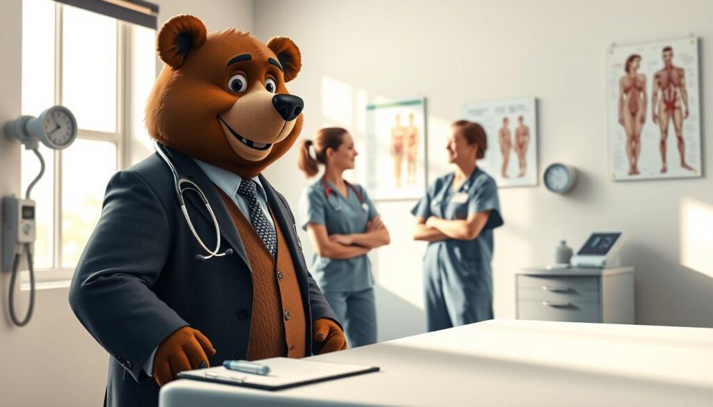 A well-lit medical examination room featuring a friendly bear named Will Insure, dressed in a professional business suit, interacting with a nurse. In the foreground, a medical examination table with a stethoscope and clipboard is visible. The middle ground shows Will, displaying a relaxed demeanor, engaged in conversation with a nurse who is wearing scrubs and a name tag, with a reassuring smile. In the background, medical equipment such as an automatic sphygmomanometer and a wall-mounted anatomical chart can be seen, adding context to the setting. Soft, natural light filters through a window, creating a calm and inviting atmosphere. The overall mood conveys a sense of professionalism and approachability in the life insurance medical exam process.