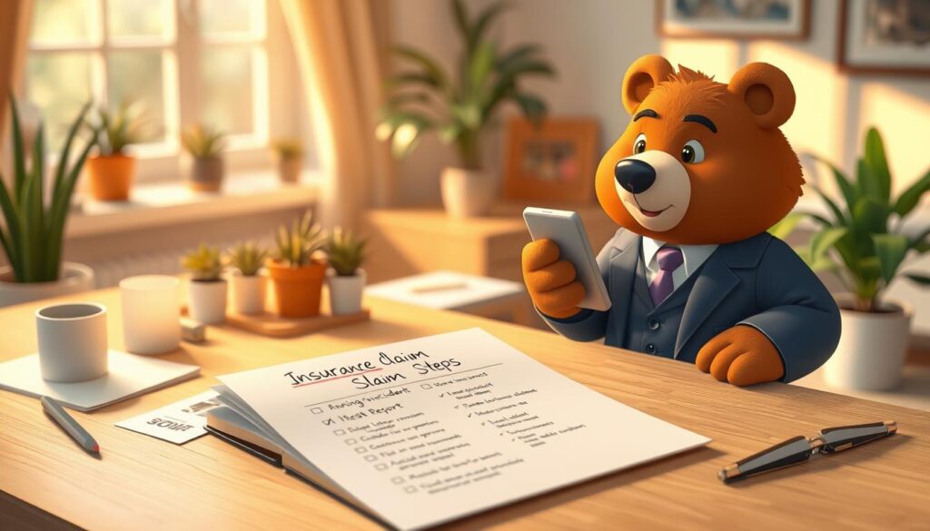 A well-organized, visual representation of the insurance claim steps, focusing on the process of notifying your insurance provider after a car accident. In the foreground, a friendly character named Will Insure, a kindly bear wearing a smart business suit, holds a smartphone, appearing engaged in a phone call. In the middle ground, an open notebook lays on a desk, filled with handwritten notes and a checklist titled "Insurance Claim Steps." Surrounding the desk are soft lighting, potted plants, and an accident report. The background features a calming home office setting with a window letting in warm, natural light, creating an inviting atmosphere. The overall mood should be professional yet approachable, highlighting the importance of claiming procedures in a friendly, reassuring manner.