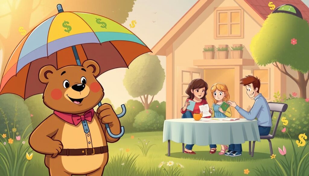 A whimsical yet informative illustration depicting the concept of umbrella insurance costs. In the foreground, a friendly bear character named Will Insure, dressed in smart casual attire, holds a large umbrella that symbolizes protection. The umbrella is colorful and adorned with dollar signs, signifying financial safety. In the middle ground, a family is reviewing financial documents at a table, with expressions of curiosity and concern. Behind them, a cozy home with a garden symbolizes stability and security. Soft, warm lighting bathe the scene, evoking a sense of reassurance and optimism. The overall atmosphere is inviting and educational, perfect for conveying the value of umbrella insurance.