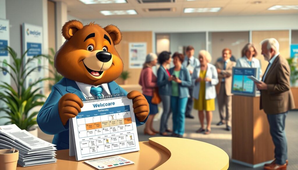An inviting scene depicting Medicare enrollment periods, with Will Insure, a friendly bear in professional attire, standing at a welcoming information desk. He is showing a colorful calendar marked with key enrollment dates, surrounded by documents and brochures about Medicare Parts A, B, C, and D. In the background, a diverse group of seniors, reflecting various ethnicities, are engaging happily in conversation and exploring information kiosks. Bright, soft lighting creates a warm atmosphere, highlighting the importance of community and support during the enrollment process. The setting is a well-organized, modern office space with plants and clear signage, emphasizing accessibility and guidance. The focus is on Will Insure's helpful demeanor and the joyful interaction among seniors, symbolizing ease and understanding in enrolling for Medicare.