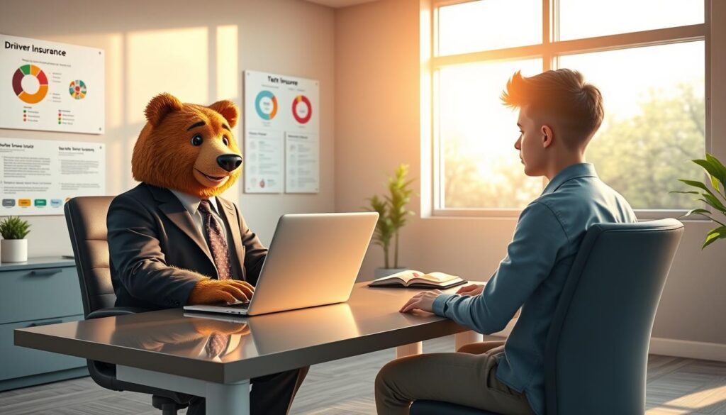 A bright and inviting scene in a modern office setting, featuring a character named Will Insure, a friendly bear in a smart business suit, sitting at a desk with a laptop open. He is reviewing teen driver insurance quotes displayed on the screen, while a young teen, wearing casual but neat clothing, sits across from him, looking engaged and attentive. In the background, a large window lets in warm natural light, hinting at a sunny outdoor environment. The walls are adorned with colorful charts and diagrams related to insurance comparisons. Soft lighting creates a welcoming atmosphere, emphasizing a sense of professionalism and support. The image conveys a mood of collaboration and encouragement in finding affordable teen driver insurance, reflecting a positive approach to a necessary topic.