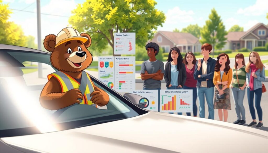 A close-up illustration of a safety feature demonstration for teen drivers. In the foreground, a cheerful, anthropomorphic bear named Will Insure is wearing a bright safety vest and a hard hat, standing beside a modern, sleek car with visible safety features like airbags and advanced driver-assistance systems. In the middle ground, a diverse group of teens are attentively listening to Will, dressed in casual yet modest clothing, surrounded by charts and graphics highlighting insurance statistics and safety feature benefits. The background features a sunny, suburban street scene with trees and houses. The lighting is bright and cheerful, conveying a sense of safety and learning, with a positive and encouraging atmosphere. The angle is slightly elevated, providing a clear view of the interaction and emphasizing the importance of car safety education.