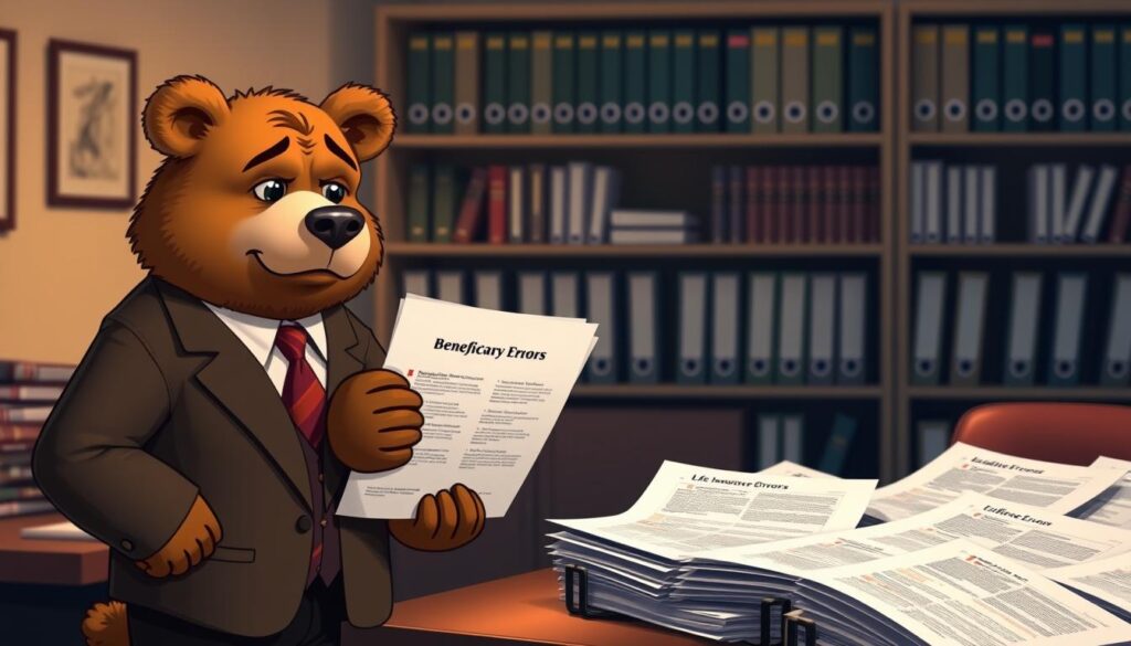 A concerned, professional-looking bear named Will Insure stands in the foreground, dressed in a tailored suit, examining a stack of life insurance documents with a furrowed brow. The middle ground features an array of open file folders, some marked "Beneficiary Errors," displaying documents with red flags highlighted, such as incorrect names or incomplete forms. In the background, a softly lit office setting with shelves filled with neatly organized binders conveys a serious yet informative atmosphere. The lighting is warm and inviting, casting soft shadows that add depth. The overall mood is one of urgency and caution, reflecting the potential consequences of beneficiary errors in life insurance policies, while maintaining a clear and professional tone.