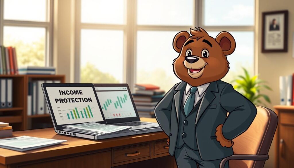 A cozy office environment featuring a cartoonish character named Will Insure, a friendly bear dressed in a smart business suit. He stands confidently beside a desk piled with documents labeled "Income Protection," emphasizing the importance of safeguarding one's income. In the foreground, Will’s warm expression conveys reassurance and reliability. The middle ground features an open laptop displaying financial charts and graphs, symbolizing planning and security. In the background, a window reveals a sunny day, creating a bright and optimistic atmosphere. Soft, natural lighting enhances the scene, giving it a welcoming feel. The angle captures both Will and the desk in a way that invites the viewer into the scene, underscoring the theme of being prepared for unexpected challenges.