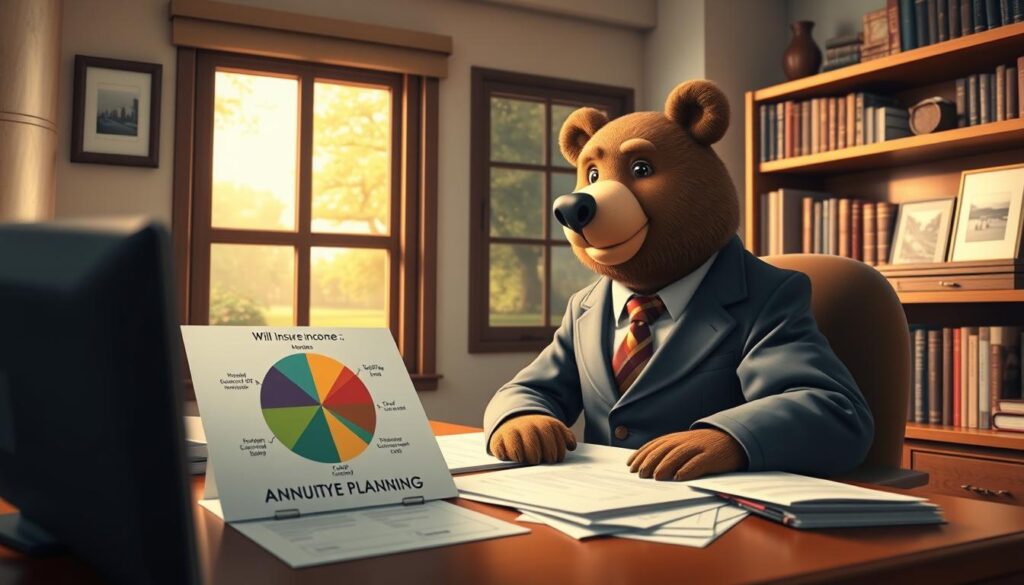 A cozy, well-lit office interior, featuring a friendly anthropomorphic bear named Will Insure, dressed in a smart business suit, sitting at a desk laden with financial documents and diagrams about annuity income planning. In the foreground, a pie chart illustrating various aspects of annuities and financial security is prominently displayed. The middle section shows a window with a view of a serene park, symbolizing peace and stability in retirement. The background features shelves filled with books on finance and insurance. Soft, warm lighting creates an inviting atmosphere, while a slight tilt from a low angle emphasizes Will's approachable demeanor, conveying a sense of trust and professionalism in financial planning.