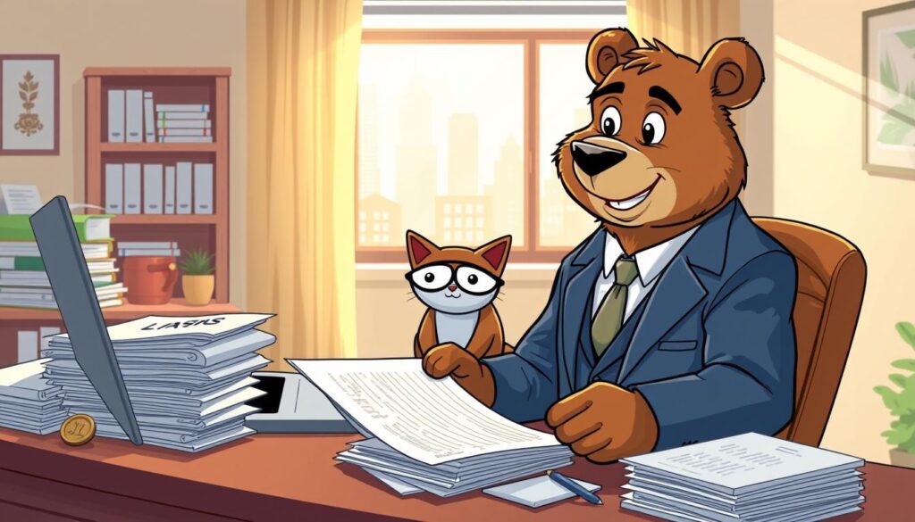 A detailed illustration of the apartment insurance claim process, featuring a friendly bear named Will Insure dressed in a smart business suit, sitting at a desk filled with paperwork and a laptop. In the foreground, Will is reviewing a claim form with a reassuring smile, radiating a professional and helpful demeanor. The middle ground includes stacks of documents and a friendly cat wearing glasses, looking at an insurance guide. In the background, a bright, well-lit office environment with a window showing the bustling city outside, symbolizing a sense of security. The atmosphere is calm and organized, with natural soft lighting highlighting the focus on the claims process, creating an inviting and informative scene.