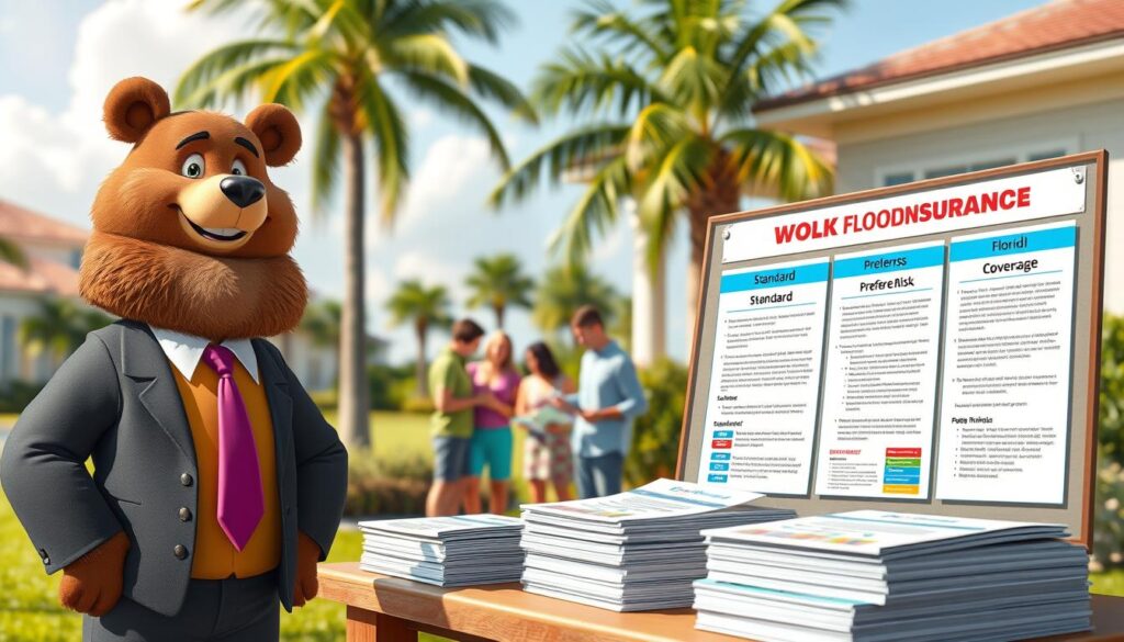 A professional and educational scene depicting various types of flood insurance policies. In the foreground, a friendly anthropomorphic bear named Will Insure, wearing a smart business suit, is standing beside a display board filled with visually distinct policy documents illustrating different flood insurance types: Standard, Preferred Risk, and Business Coverage. In the middle ground, there are well-organized stacks of brochures and a family examining them, demonstrating a thoughtful discussion. The background features a sunny Florida landscape with palm trees and a residential home, evoking a sense of safety and community. Soft, natural lighting enhances the welcoming atmosphere. Shot with a warm color palette, using a shallow depth of field to keep focus on the characters and documents.