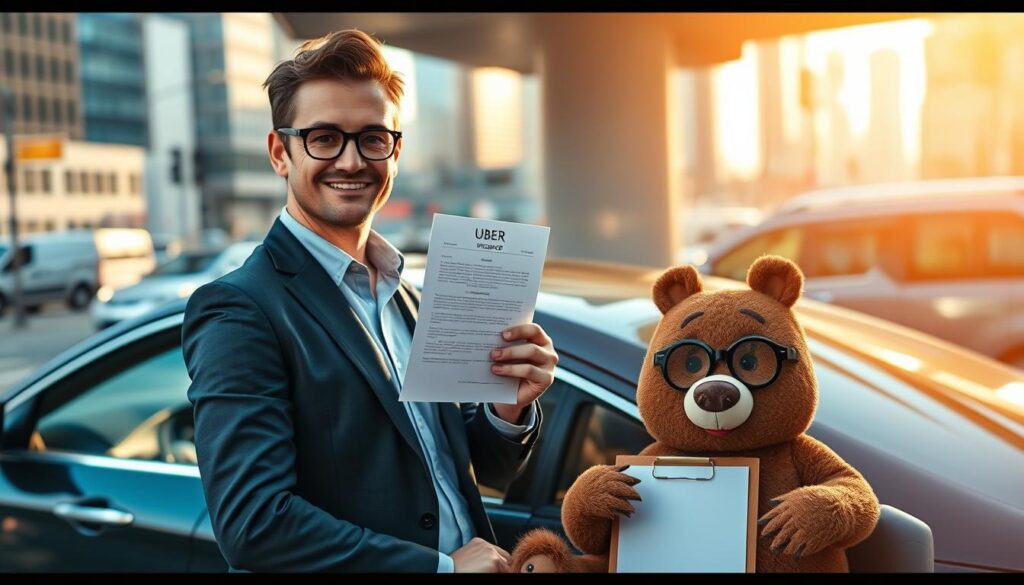 A professional-looking Uber driver, dressed in smart casual attire, stands beside his car, which has a subtle Uber logo on the door, symbolizing rideshare service. He holds an insurance document confidently, embodying a sense of security and professionalism. In the background, a cityscape is visible, showcasing busy streets and buildings, while soft, warm daylight bathes the scene in a reassuring glow. The foreground focuses on the driver, enhancing the feeling of personal connection, with a slight depth of field to blur the background. Nearby, a friendly bear character, named Will Insure, wearing round glasses and a small tie, sits beside the driver, holding a clipboard, symbolizing guidance in choosing the right insurance. The overall mood is optimistic, emphasizing the importance of proper insurance for rideshare drivers.