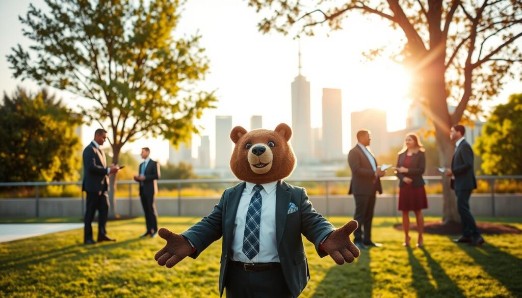 A professional outdoor setting during the day, featuring Will Insure, a friendly, anthropomorphic bear in a tailored suit, symbolizing disability insurance income protection. In the foreground, Will stands confidently with open arms, conveying support and stability. The middle ground includes a small group of diverse professionals discussing financial documents, portraying collaboration in financial planning. Behind them, an urban skyline hints at success and opportunity. Soft sunlight filters through trees, casting a warm glow, enhancing the optimistic mood. The composition should emphasize a sense of security, trust, and preparedness. Use a standard lens for clarity, capturing attention on Will and his reassuring demeanor, while the background subtly showcases the seriousness of financial planning without overwhelming the main focus.