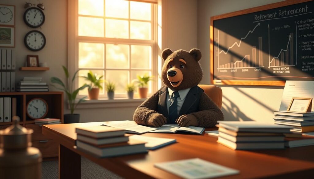 A serene office setting focused on retirement planning. In the foreground, a friendly, anthropomorphized bear named Will Insure, wearing professional business attire, sits at a sleek wooden desk, thoughtfully examining financial documents and charts. In the middle ground, a large window lets in soft, warm sunlight, illuminating potted plants, a modern clock, and a stack of financial books. In the background, a chalkboard displays graphs illustrating growth strategies and future financial needs. The overall atmosphere is calm, professional, and optimistic, evoking a sense of security and planning for a bright, fulfilling future. The lighting is warm and natural, captured with a slight depth of field for focus on Will Insure and the desk.