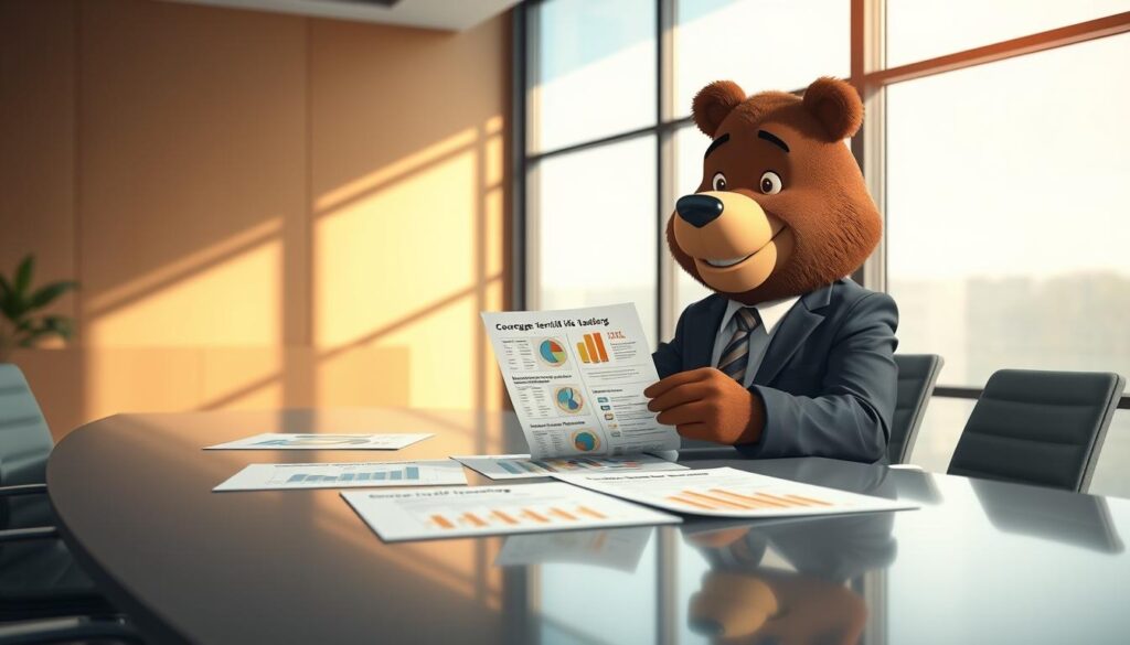 A serene office setting showcasing a professional discussion on life insurance strategies. In the foreground, a character named Will Insure, a kind bear in a tailored business suit, sits at a sleek conference table, analyzing a detailed chart on term life laddering. He appears focused and approachable, with a friendly smile. In the middle, several graphs and visuals illustrating coverage options and benefits are spread out on the table, highlighting the concept of laddering versus traditional policies. In the background, large windows let in natural light, creating a warm and inviting atmosphere with subtle shadows cast on the walls. The overall mood conveys professionalism and clarity, emphasizing informed financial decisions. Use soft, diffused lighting for a welcoming effect and a slight depth of field to draw attention to the characters and charts.