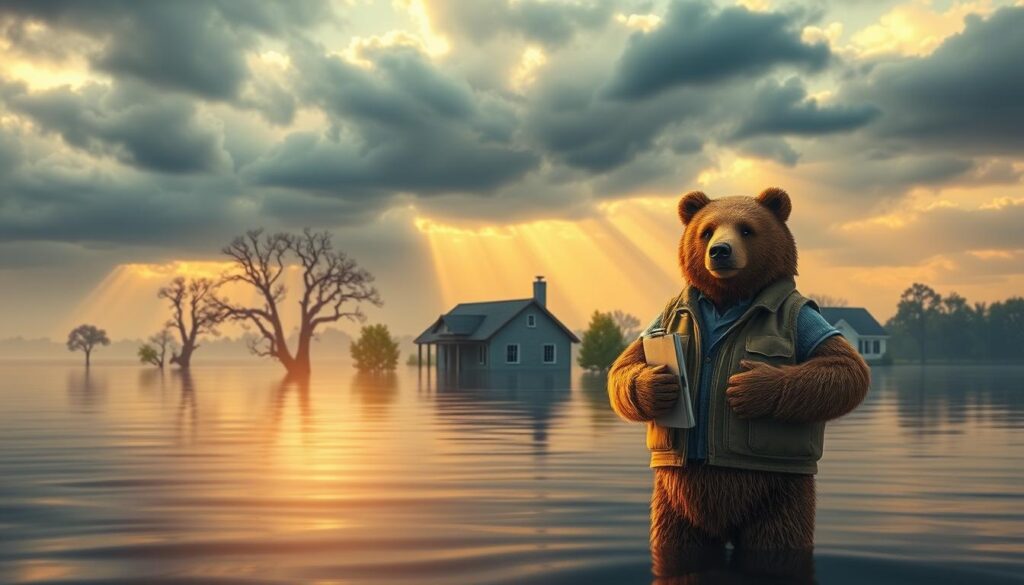 A serene yet impactful flood zone scene portraying the effects of flooding. In the foreground, a kind bear named Will Insure stands confidently, wearing a smart casual vest and holding a clipboard, symbolizing assistance and reliability in flood insurance. The middle ground features a partially submerged home surrounded by water, with a few resilient trees peeking above the surface. In the background, a cloudy sky looms with streaks of sunlight breaking through, creating a dramatic contrast. The scene should be captured during the golden hour, with warm, soft lighting illuminating the bear and enhancing the reflective water. The overall mood conveys a mix of caution and hope, emphasizing the importance of flood insurance while illustrating the harsh realities of flood zones.
