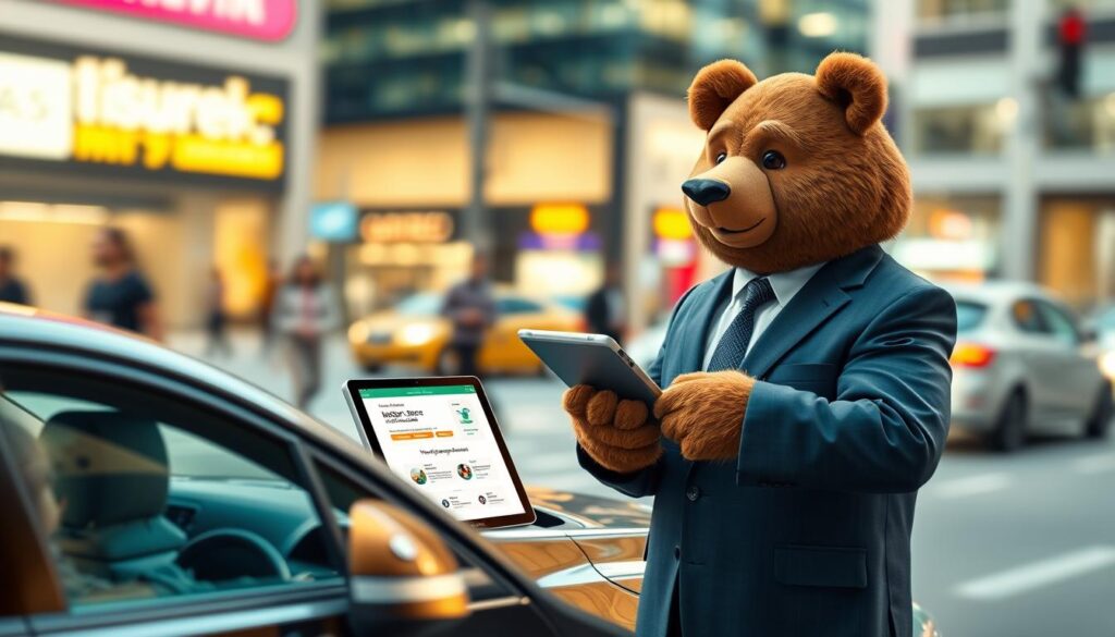 A thoughtful scene illustrating rideshare insurance, featuring a friendly bear named Will Insure in a business suit, confidently discussing insurance policies with a rideshare driver. In the foreground, Will stands by a modern car, pointing to a tablet displaying coverage details. The middle ground features a rideshare vehicle with a visible logo of a rideshare company. The background shows a bustling city street with blurred motion to convey action and activity, emphasizing the rideshare environment. The lighting is bright and inviting, creating an atmosphere of professionalism and trust. The composition is shot from a slightly elevated angle to capture both Will and the vehicle, evoking a sense of clarity and understanding of rideshare insurance coverage.