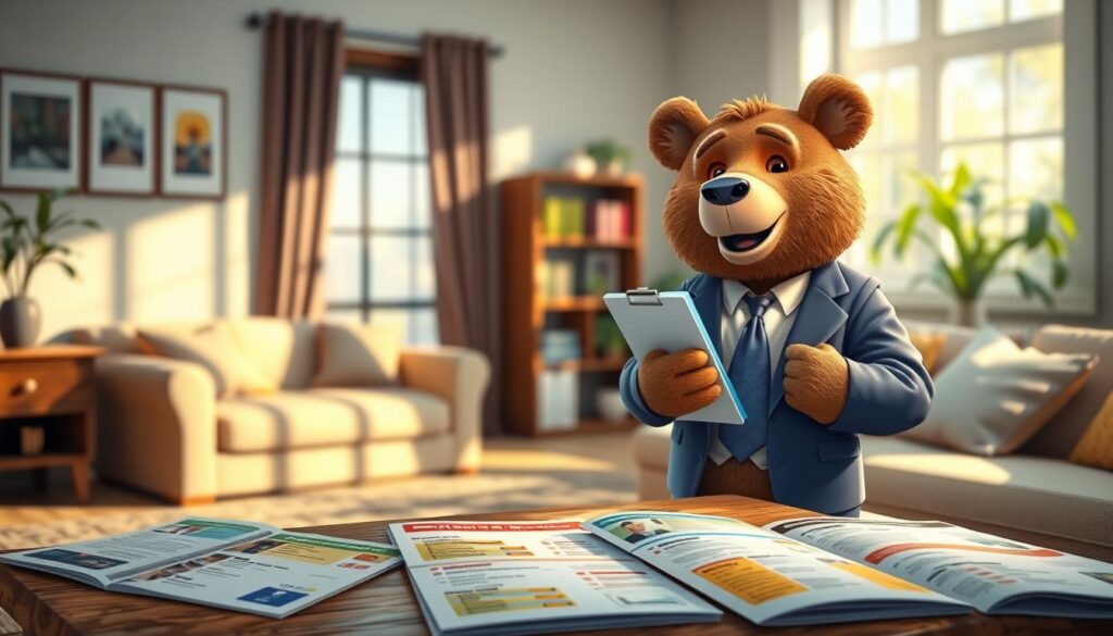 A visually engaging image depicting a friendly bear named Will Insure, dressed in a smart blazer and tie, standing in a cozy living room setting. In the foreground, he is holding a clipboard with a checklist of renters insurance options. The middle ground features a table with brochures of various insurance policies spread out, illustrating diverse coverage options with colorful graphics. Soft, natural light filters through a window, creating a warm and inviting atmosphere. In the background, a neatly arranged bookshelf and some houseplants add a touch of homeliness, reinforcing the concept of renters insurance protecting a personal space. The overall mood is reassuring and informative, catering to potential renters seeking affordable insurance solutions.