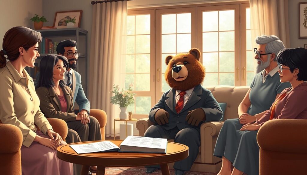 A warm, inviting scene set in a cozy living room, featuring a friendly, anthropomorphic bear named Will Insure, dressed in a professional business suit. He is sitting on a comfortable chair, attentively listening to a diverse group of family members gathered around him, all dressed in neat, modest attire. The family members showcase a variety of ages and ethnic backgrounds, reflecting inclusivity. In the background, a large window lets in soft, natural light, creating a serene atmosphere. On a side table, documents related to estate planning and life insurance are neatly arranged, suggesting an important conversation. The mood is one of open communication, trust, and understanding, highlighting the importance of discussing changes in beneficiary designations. The camera angle captures the group dynamics, focusing on Will Insure’s compassionate expression as he engages with the family.
