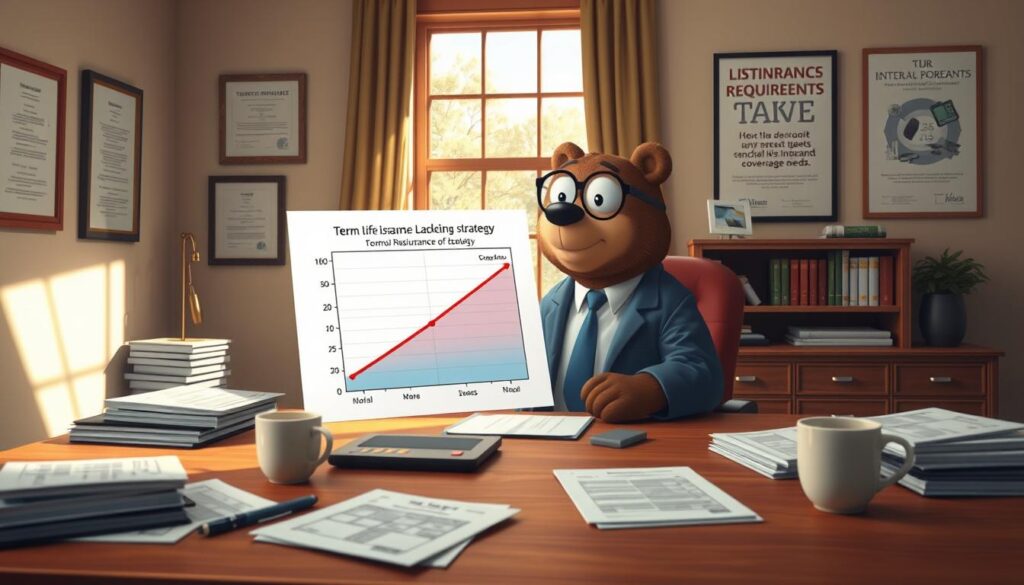 A well-organized office space with a large wooden desk in the foreground, scattered with financial documents, a calculator, and a cup of coffee. In the middle, a friendly bear character named Will Insure, wearing a neatly pressed suit and glasses, is thoughtfully analyzing a chart that illustrates a term life insurance laddering strategy, looking engaged and approachable. The background features a large window with natural light streaming in, casting soft shadows and creating a warm, professional atmosphere. The walls are adorned with framed financial certificates and a motivational poster about coverage needs. The overall mood is focused yet inviting, emphasizing the importance of understanding personal insurance requirements.