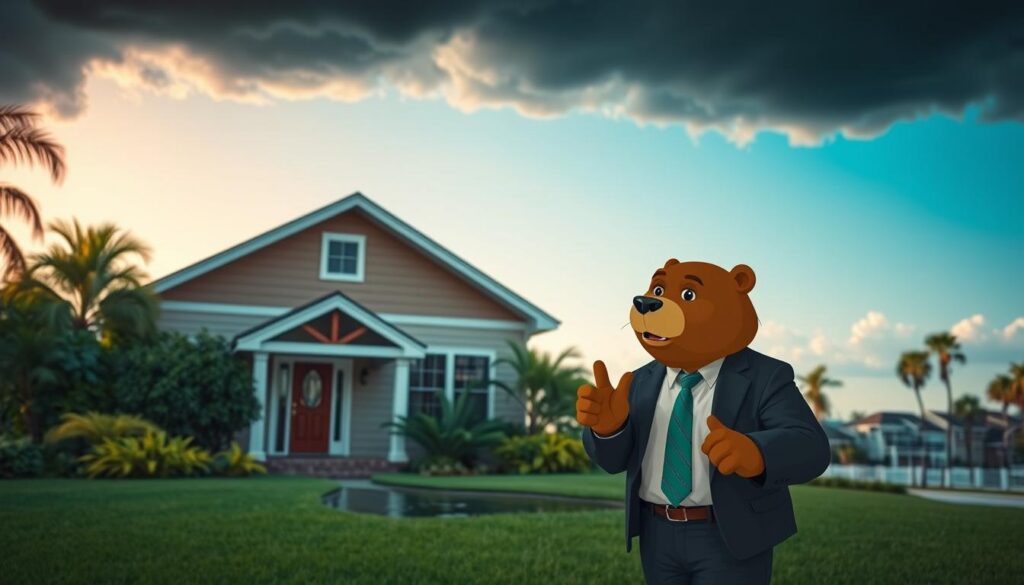 A concerned Florida homeowner stands in front of a cozy home surrounded by lush greenery, looking anxiously at water pooling around the yard. In the foreground, Will Insure, a friendly bear in professional business attire, gestures reassuringly. The middle ground features a clear blue sky transitioning to ominous dark clouds, capturing the impending storm that raises concerns about flooding. In the background, palm trees and beachfront homes depict the unique Floridian landscape. The scene is illuminated by a warm, golden light, suggesting the calm before the storm, evoking a mix of worry and hope. The mood feels both serious and reassuring as Will Insure helps to address the homeowners' flood insurance concerns.