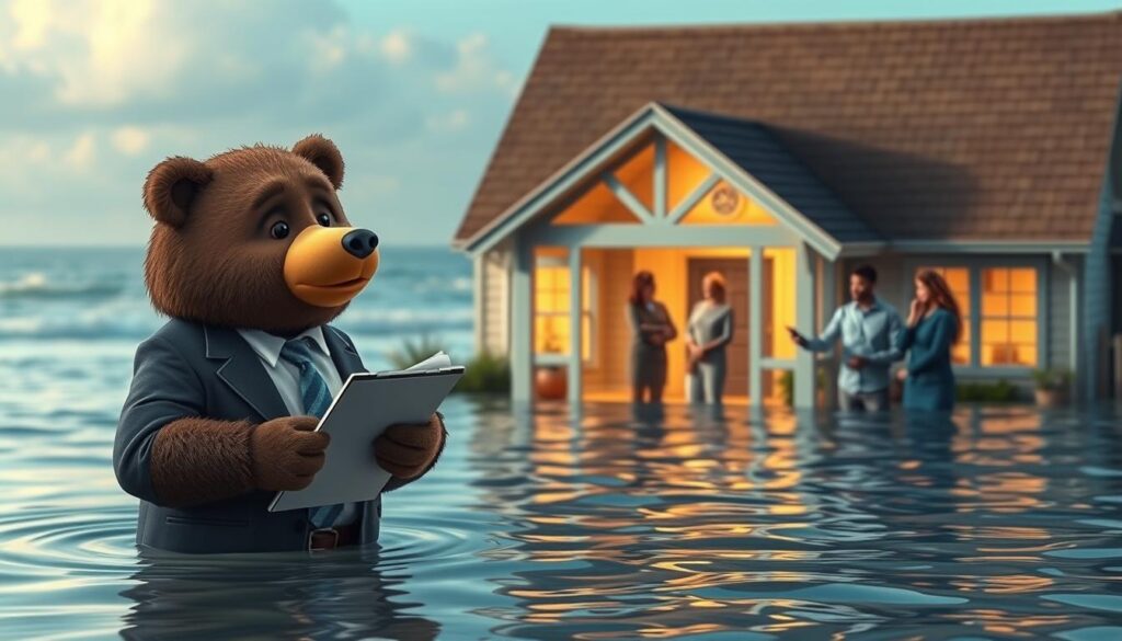 A cozy coastal home is partially surrounded by floodwaters, emphasizing the importance of flood insurance. In the foreground, Will Insure, a friendly bear in a smart business suit, stands with a clipboard, reviewing insurance documents. His expression shows determination as he assesses the situation. In the middle ground, a concerned family can be seen, thoughtfully discussing their options for flood coverage, highlighting their genuine worries. The background features a serene ocean with gentle waves and a clear blue sky, hinting at the beautiful yet risky coastal environment. Soft, warm lighting creates a reassuring atmosphere, inviting viewers to reflect. The lens captures a slightly elevated angle, providing a comprehensive view of the home and the surrounding water, reinforcing the theme of resilience and preparedness before hurricane season.