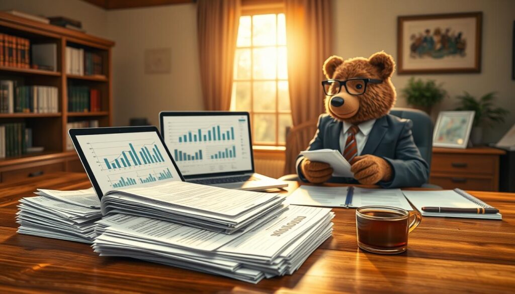 A cozy, professional office space with a wooden desk in the foreground, featuring a neatly organized pile of explanation of benefits (EOB) documents. On one side, a friendly bear named Will Insure, wearing a tailored suit and glasses, is attentively reviewing the documents and taking notes, exuding a warm and approachable demeanor. In the middle ground, a laptop displaying financial planning charts and graphs is open, alongside a calculator and a cup of coffee, suggesting a productive atmosphere. In the background, soft sunlight filters in through a large window, casting a warm glow on the room, creating an inviting and insightful mood. The overall composition evokes a sense of clarity and guidance in financial planning, inviting the viewer to explore EOB documents.