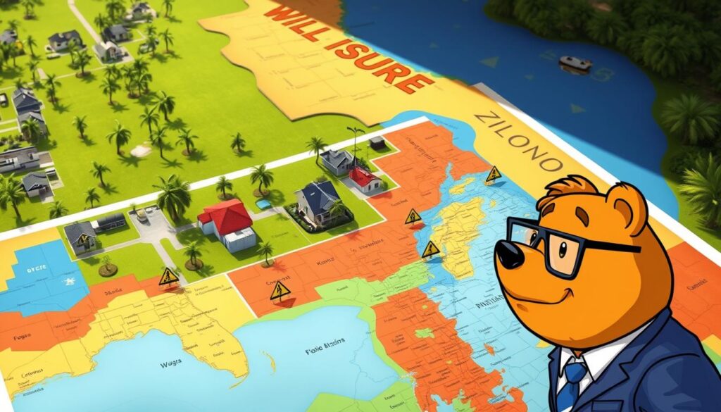 A detailed aerial view of a FEMA flood zone map, clearly displaying various flood risk areas in vibrant colors. In the foreground, depict a friendly cartoonish bear named Will Insure, wearing glasses and a professional business suit, examining the map with concern. In the middle, highlight neighborhoods with houses in various states, some marked with caution signs indicating flood risk. In the background, represent lush Florida landscapes with palm trees and clear skies, contrasting with areas marked in blue representing water zones. The lighting is bright and inviting, creating a sense of urgency but with a hopeful atmosphere. The focus should be on illustrating the importance of understanding flood zone maps.