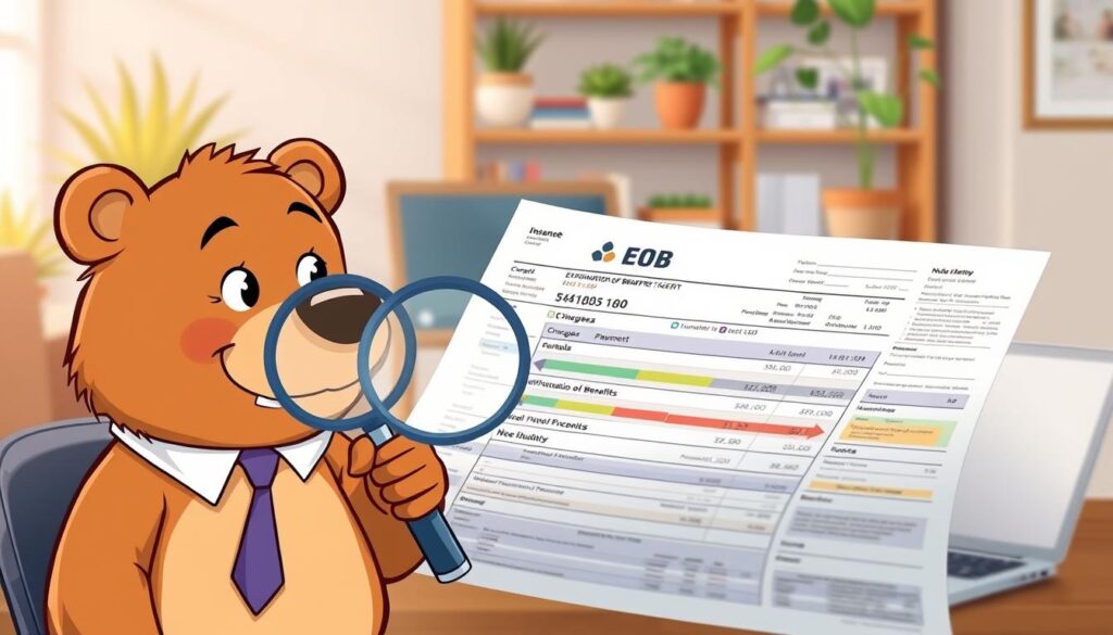 A detailed illustration of a health insurance Explanation of Benefits (EOB) statement, designed for educational purposes. In the foreground, prominently feature a friendly cartoon character named Will Insure, a kind bear wearing professional business attire, closely examining the EOB with a magnifying glass. In the middle ground, display a clearly laid-out EOB document, filled with colorful graphs and highlighted sections representing various line items like "Charges," "Payments," and "Benefits." In the background, include a softly blurred home office setting with a desk, laptop, and potted plants, creating a warm and inviting atmosphere. Ensure the lighting is soft and natural, giving a calm, educational mood suitable for readers looking to understand their insurance documents better.