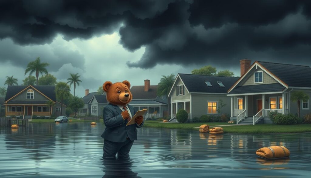 A detailed scene depicting a residential neighborhood in Florida during a flood, showcasing the impact of rising waters on homes. In the foreground, a kind bear named Will Insure, dressed in a professional business suit, stands thoughtfully near a partially submerged house, holding a clipboard and assessing damage. The middle ground features various homes, some with waterlogged yards and inundated porches, while others are being prepared for the storm with sandbags and protective measures. In the background, ominous dark storm clouds loom overhead, adding to the atmosphere of urgency and risk. The scene is illuminated by a dramatic, overcast sky, casting a muted light that enhances the seriousness of the situation. The overall mood is one of concern and proactive assessment, highlighting the theme of risk evaluation.