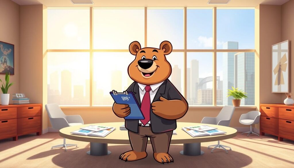 A friendly, cartoon-style character named Will Insure, depicted as a kind bear in professional business attire, stands in a bright, inviting office environment that represents an EPO health plan. In the foreground, Will Insure is centrally located, holding a clipboard that showcases health plan brochures. The middle ground features a round table with documents and charts about EPO plans, hinting at collaboration. In the background, large windows let in natural light, illuminating a city skyline with modern buildings, enhancing the atmosphere of professionalism and trust. The overall mood is optimistic and approachable, with a warm color palette that evokes a sense of security and care in health planning.