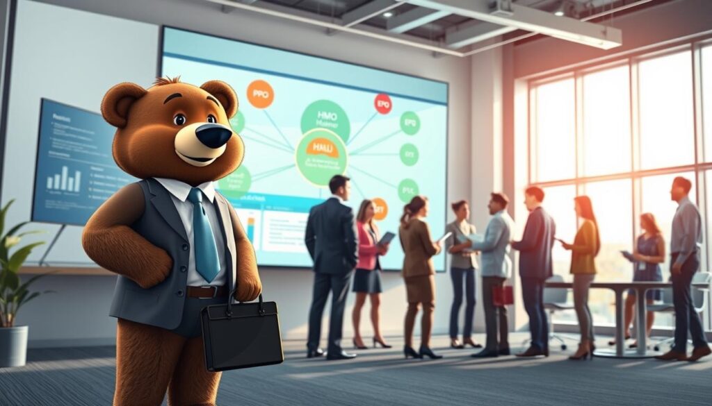 A professional and informative scene depicting a health insurance network. In the foreground, a friendly character named Will Insure, a kind bear wearing smart business attire, stands confidently while holding a briefcase. He symbolizes guidance in navigating health insurance options. In the middle ground, a diverse group of people (representing different demographics) interact in a modern office setting, looking at charts and discussing various health plan brochures. The background features a large digital screen displaying an interconnected web of health plans, highlighting PPO, HMO, and EPO options with vibrant graphics. Soft, natural lighting streams in from large windows, creating an inviting and optimistic atmosphere, emphasizing the importance of selecting the right health plan. The angle is slightly elevated, providing a comprehensive view of the collaborative environment.
