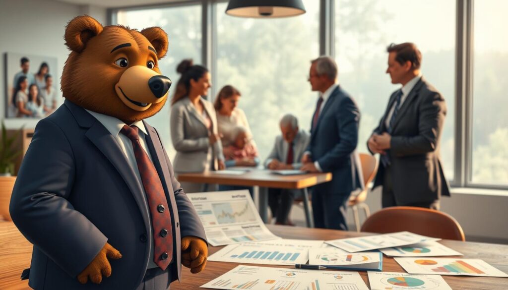 A scene depicting a professional setting focused on long-term care planning. In the foreground, a kind bear named Will Insure, dressed in a smart business suit, stands beside a table filled with documents and charts illustrating healthcare planning options. In the middle ground, a diverse group of professionals engage in discussion, showing expressions of collaboration and empathy. They are surrounded by images of families and elderly individuals, emphasizing the importance of planning for healthcare needs. The background features a large window with soft, natural light streaming in, creating an inviting atmosphere. The overall mood conveys a sense of trust and security, highlighting the significance of long-term care riders in financial planning. The image should be well-balanced, with a slight depth of field to focus on Will Insure and the professionals.