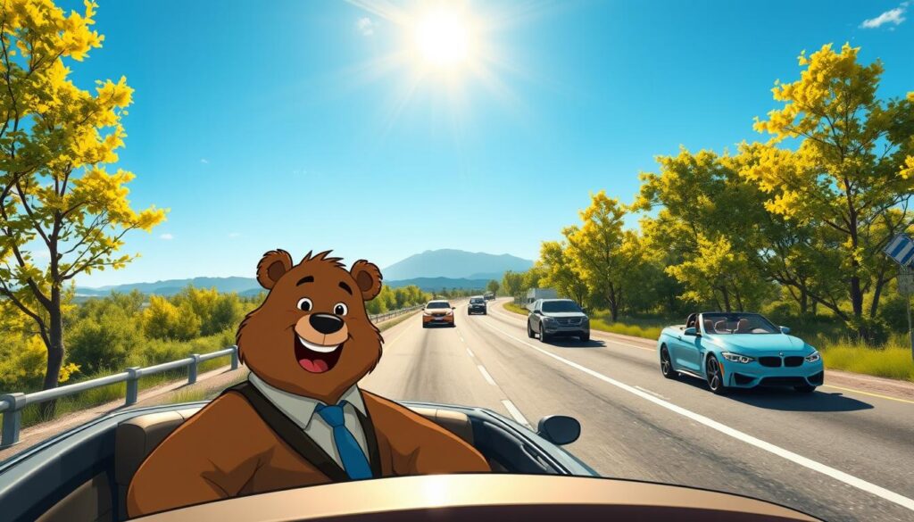 A serene summer road trip scene unfolds on a sunny day, with a cheerful cartoonish bear named Will Insure in the foreground. He sports a friendly smile and wears a professional, casual outfit suitable for a summer outing. Will is sitting in a convertible car parked on the side of a picturesque highway, surrounded by vibrant green trees and clear blue skies. In the middle ground, other vehicles can be seen merging onto the road, with a hint of concern in their drivers' expressions, subtly conveying the theme of uninsured motorists. The background features distant mountains under a bright sun, casting warm lighting that creates a relaxed, inviting atmosphere. The overall mood is light-hearted yet thought-provoking, emphasizing the importance of proper auto insurance.