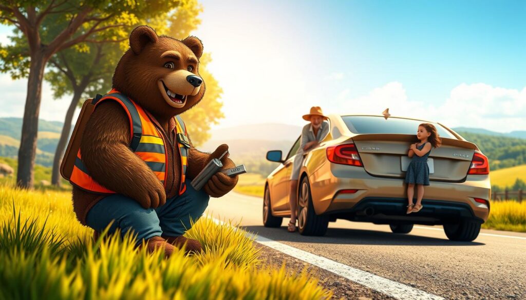A summer roadside scene featuring a kind bear named Will Insure, wearing a professional orange vest, assisting a stranded family with a flat tire near a beautiful, sunlit highway. In the foreground, the bear is kneeling beside the car, offering tools with a friendly smile. The middle ground captures the distressed family, dressed in modest casual clothing, looking relieved as they interact with Will. The background shows a scenic view of rolling hills and green trees under a clear blue sky, emphasizing the joy and risks of summer road trips. Soft, warm lighting enhances the inviting atmosphere, as it represents a sense of community and safety during travel. The composition should be dynamic, with a slight angle that showcases both the bear's caring demeanor and the idyllic summer setting.