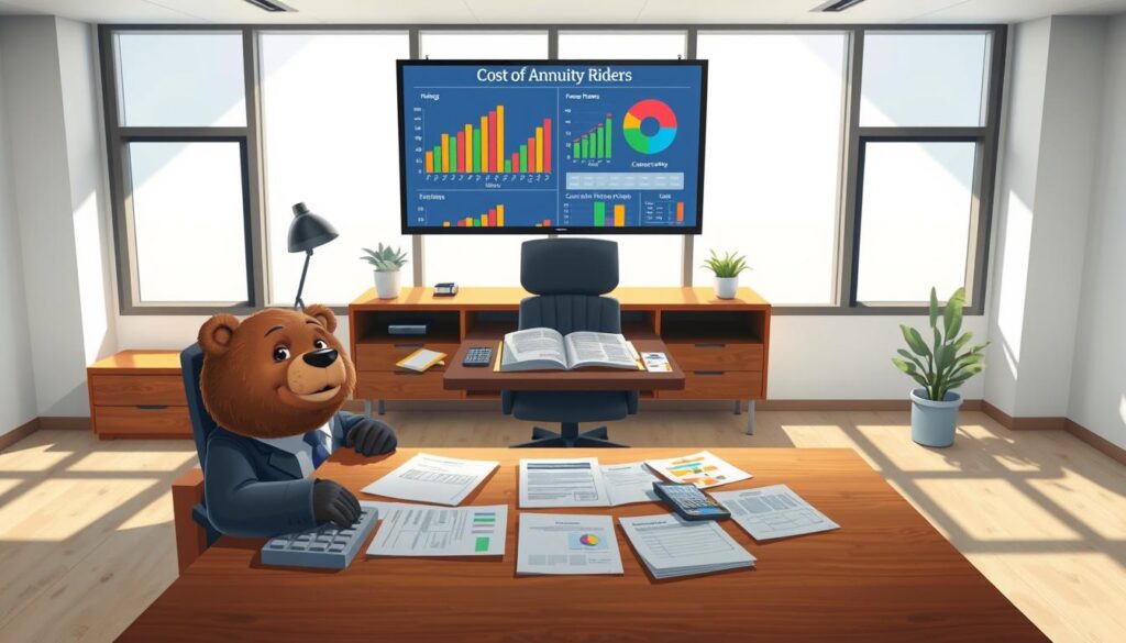A thoughtful, educational scene depicting "Cost of Annuity Riders." In the foreground, a friendly bear named Will Insure, wearing smart business attire, sits at a modern wooden desk covered with charts, a calculator, and papers showcasing various annuity rider costs. In the middle, a large screen displays colorful graphs and pie charts illustrating different riders' expenses. The background features a bright, professional office space with large windows allowing natural light to pour in, casting soft shadows across the room. The atmosphere is calm and informative, encouraging a sense of understanding about financial concepts. The image is composed with a slight overhead angle to capture both Will Insure and the detailed financial materials effectively.