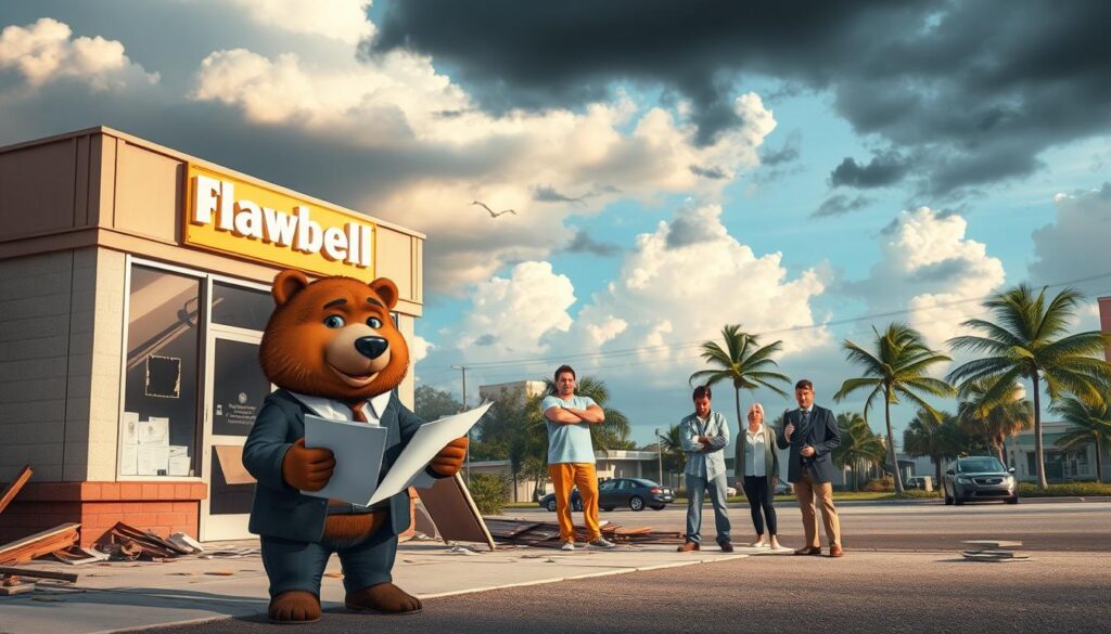 A Florida small business caught in the aftermath of a summer storm, showcasing a modest storefront with damaged windows and debris scattered around. In the foreground, a friendly bear named Will Insure, dressed in a professional business suit, examines insurance documents while standing beneath a partly cloudy sky. In the middle ground, stressed business owners assess the damage, their expressions showing concern yet hope. The background features palm trees swaying in the wind and dark storm clouds, hinting at the weather's impact. The ambiance is tense but hopeful, capturing the essence of resilience and the need for commercial property insurance. The lighting is natural, reflecting a late afternoon scene, with warm tones illuminating the bear and the storefront.