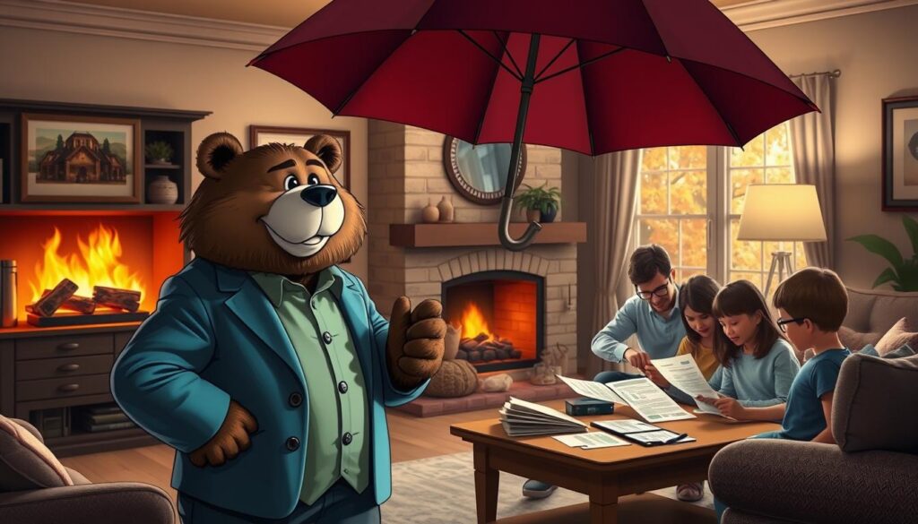 A cozy family living room in a suburban home, where a friendly, anthropomorphic bear named Will Insure stands confidently, wearing a tailored blazer over a casual shirt, symbolizing security and trust. In the foreground, a large, open umbrella is held above the bear, casting a soft shadow on a concerned family looking at bills and insurance papers on a coffee table, illustrating their growing need for extra protection. The background features warm lighting from a fireplace, with autumn leaves visible through the window, creating a cozy and inviting atmosphere. Use a slightly elevated angle to capture both the bear and the family, emphasizing connection and protection. The mood should be reassuring and optimistic, highlighting the importance of umbrella insurance.